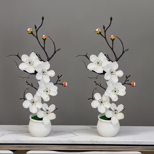 2pcs Artificial White Plum Blossom Branches with Vase
