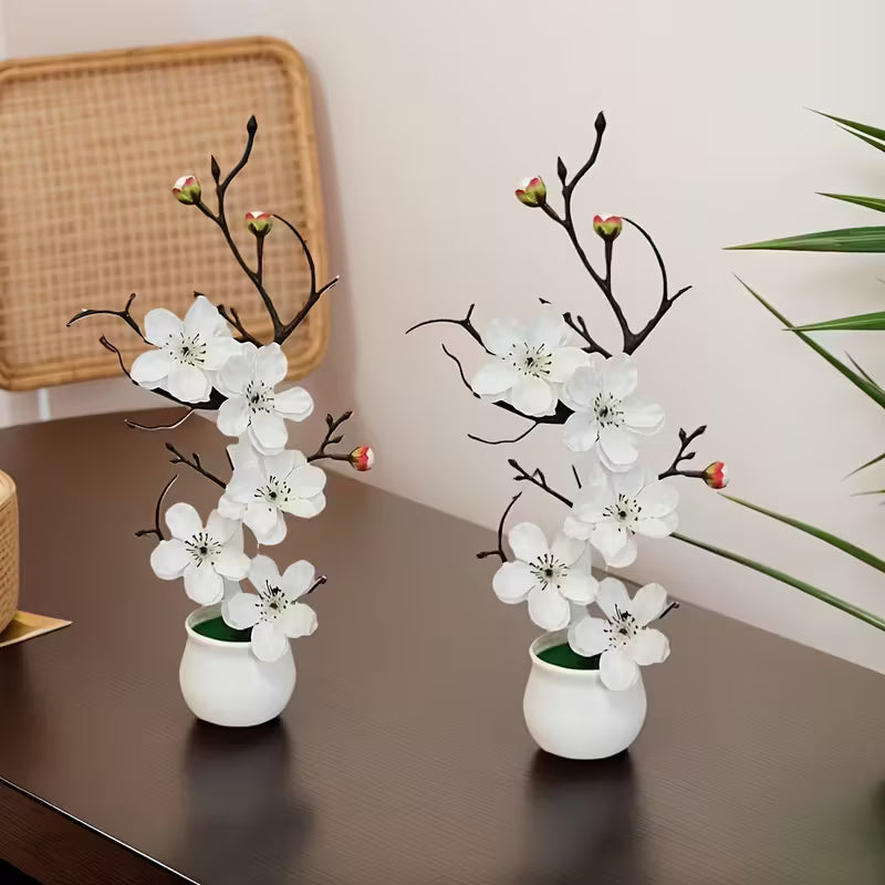 2pcs Artificial White Plum Blossom Branches with Vase